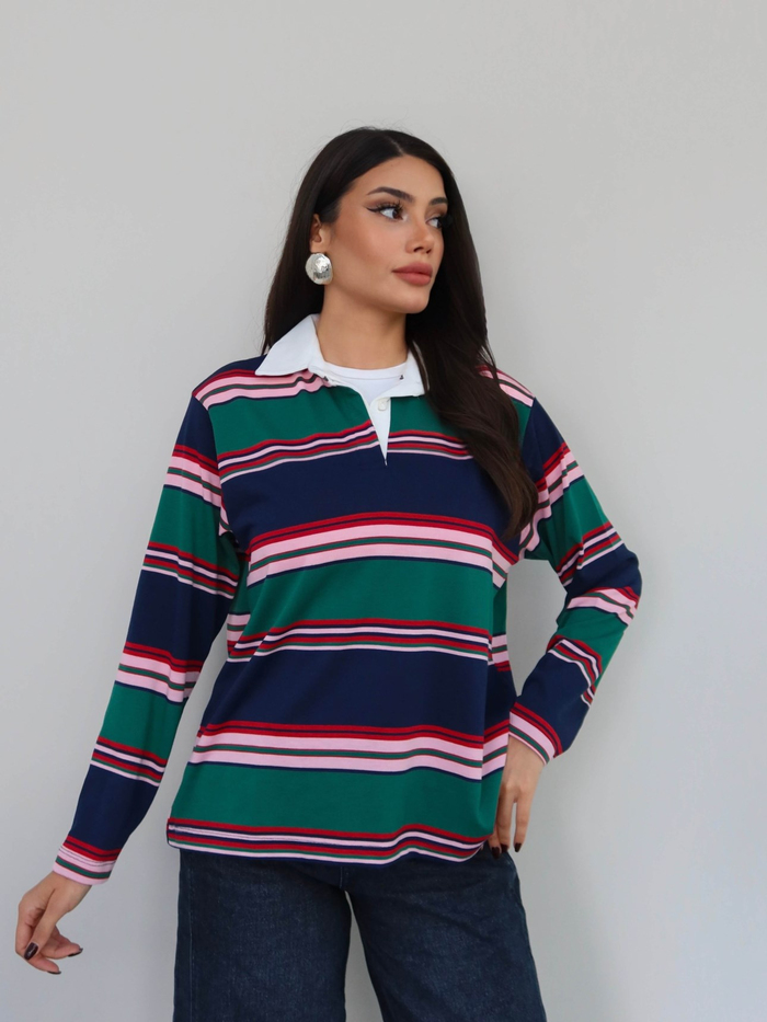 Polo Yaka Kontrast Çizgili Bluz