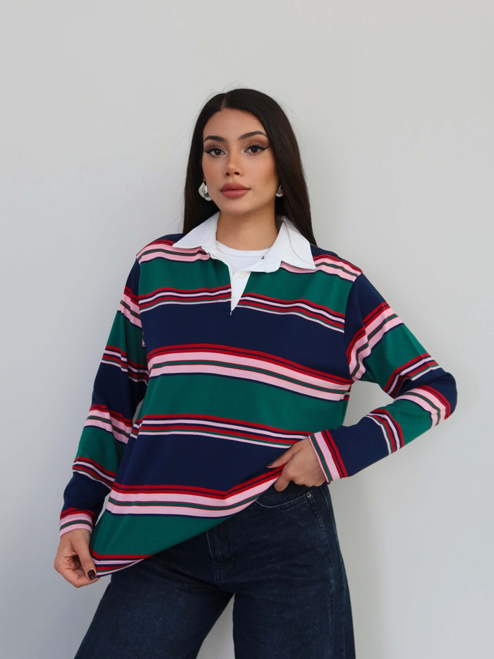Polo Yaka Kontrast Çizgili Bluz