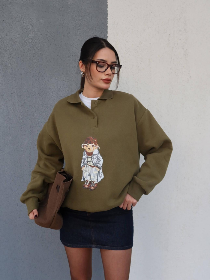 Polo Yaka Şardonlu Teddy Bear Sweat