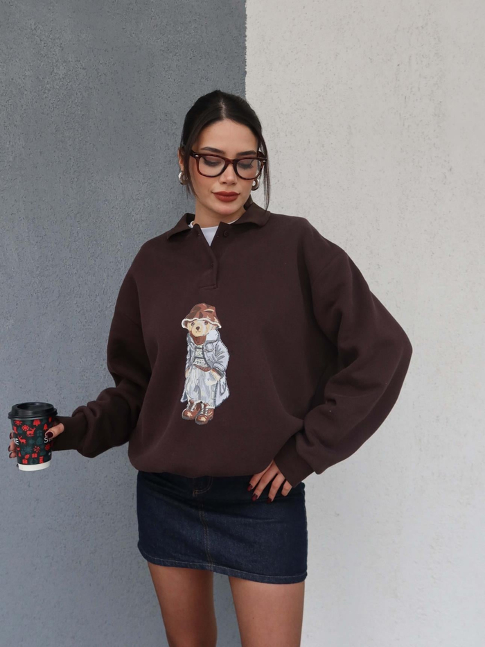 Polo Yaka Şardonlu Teddy Bear Sweat