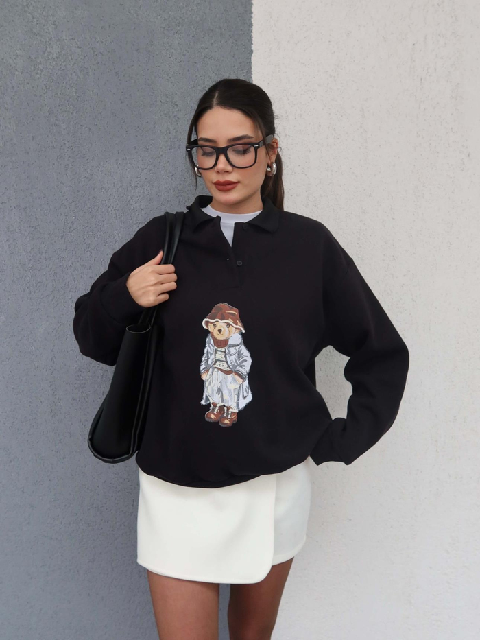 Polo Yaka Şardonlu Teddy Bear Sweat