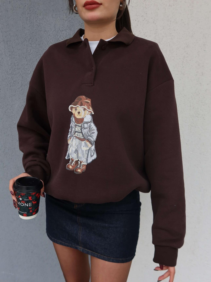 Polo Yaka Şardonlu Teddy Bear Sweat