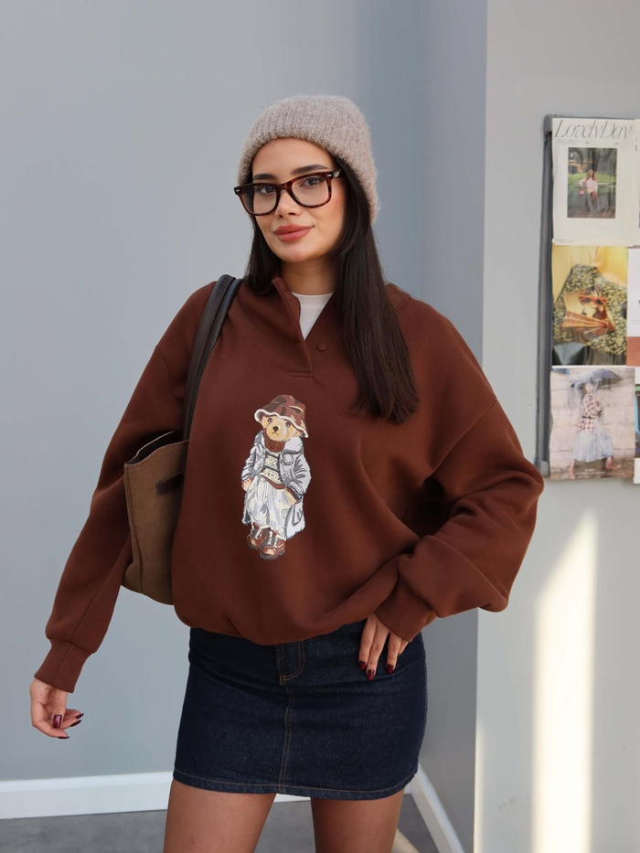 Polo Yaka Şardonlu Teddy Bear Sweat