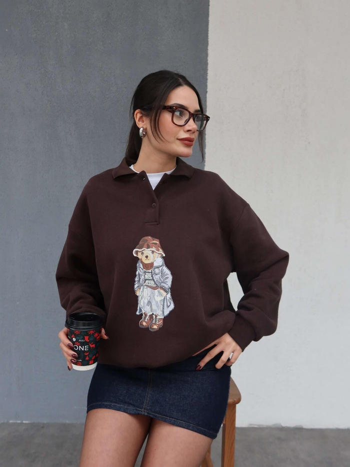 Polo Yaka Şardonlu Teddy Bear Sweat