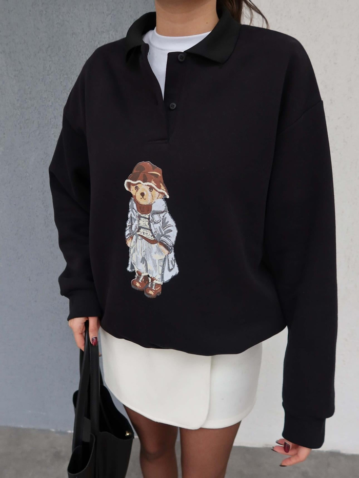 Polo Yaka Şardonlu Teddy Bear Sweat