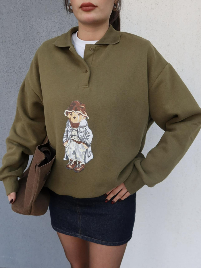 Polo Yaka Şardonlu Teddy Bear Sweat