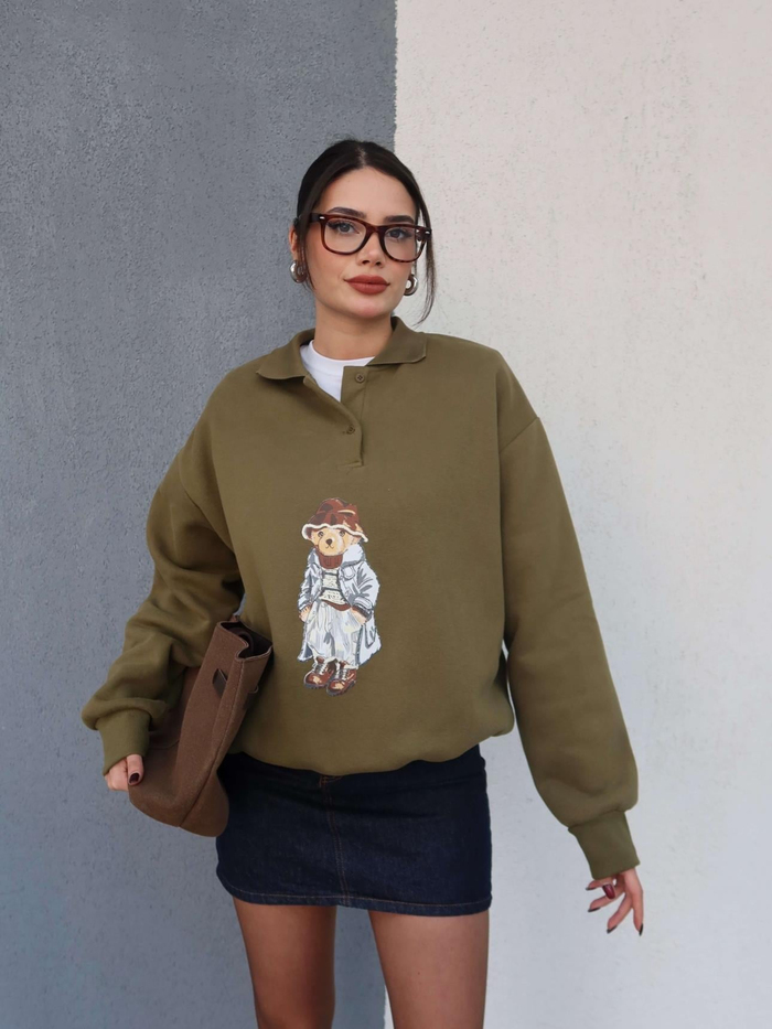 Polo Yaka Şardonlu Teddy Bear Sweat