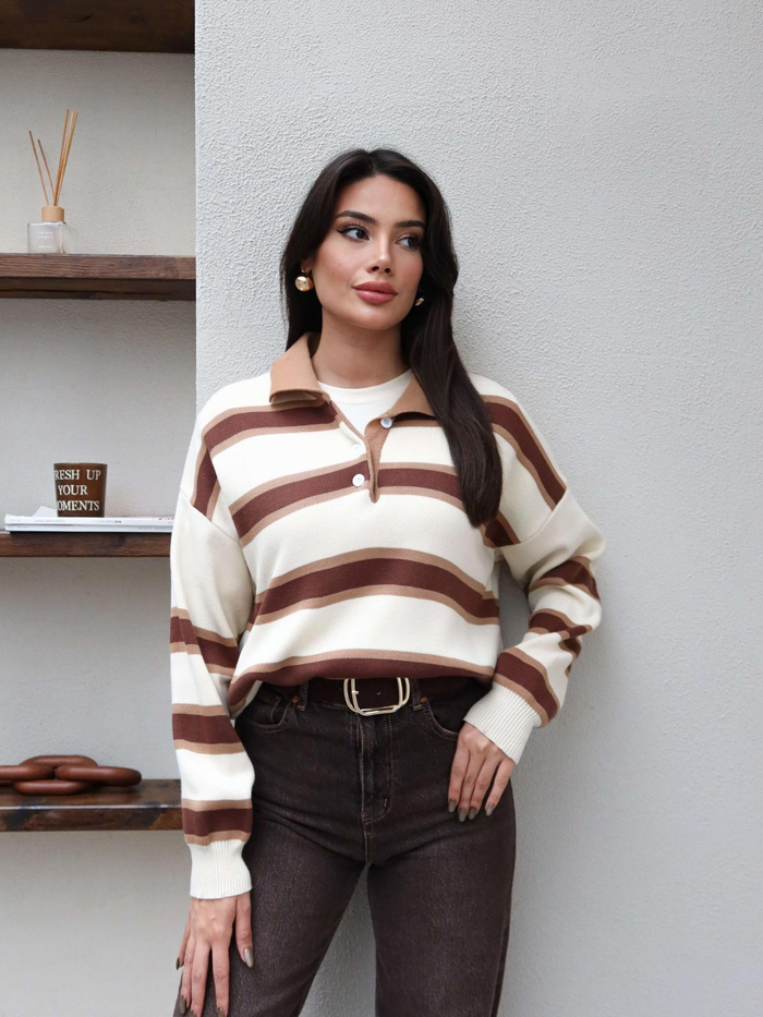 Polo Yaka Şeritli Triko Kazak