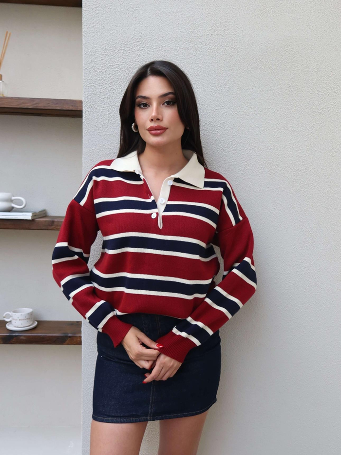 Polo Yaka Şeritli Triko Kazak