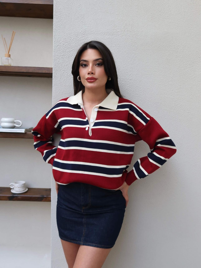 Polo Yaka Şeritli Triko Kazak