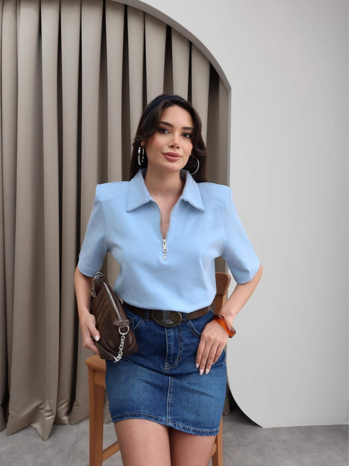 Polo Yaka Vatkalı Fermuarlı T-Shirt