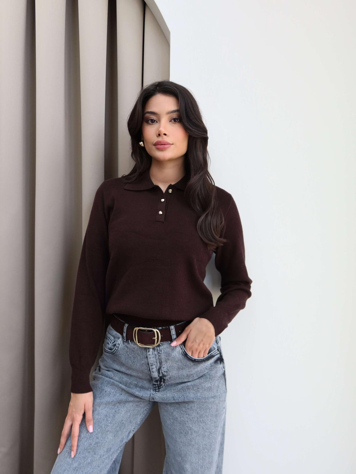 Polo Yaka Yarım Düğmeli Kazak