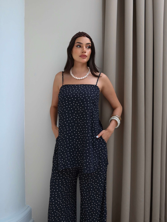 Puantiye Askılı Bluz Pantolon Takım
