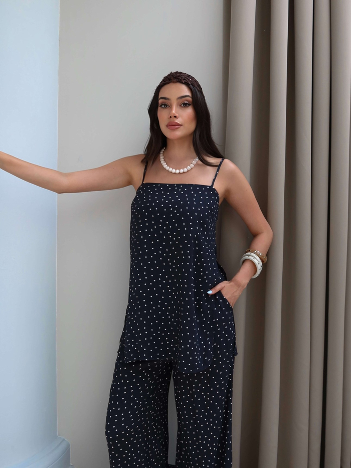 Puantiye Askılı Bluz Pantolon Takım