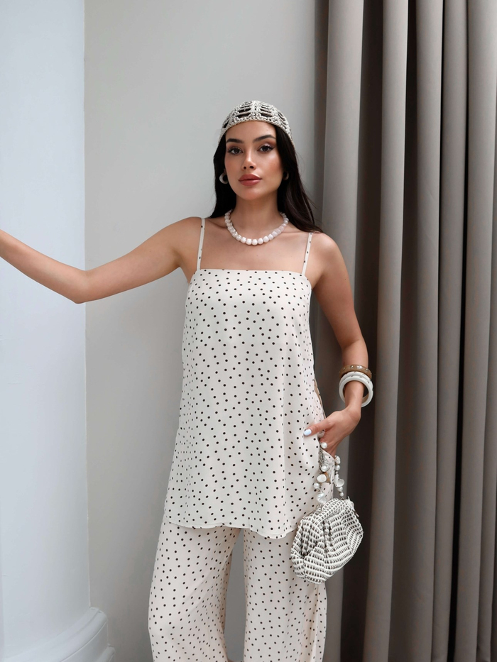 Puantiye Askılı Bluz Pantolon Takım
