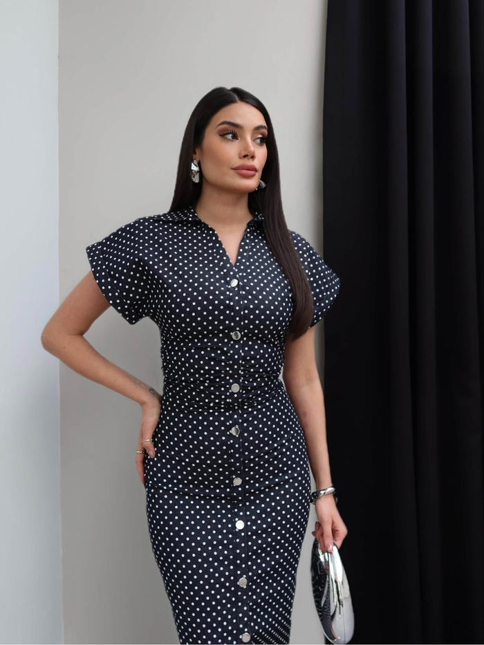 Puantiyeli Bel Büzgülü Denim Elbise
