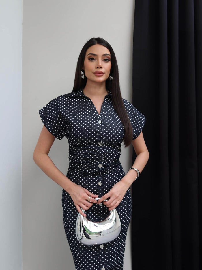 Puantiyeli Bel Büzgülü Denim Elbise