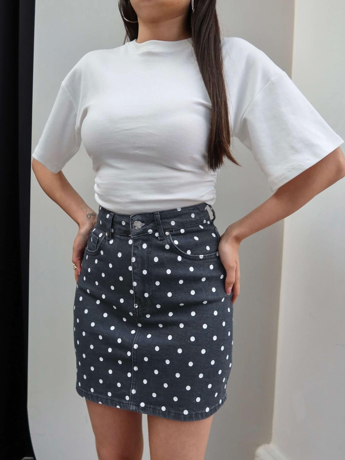 Puantiyeli Denim Mini Etek