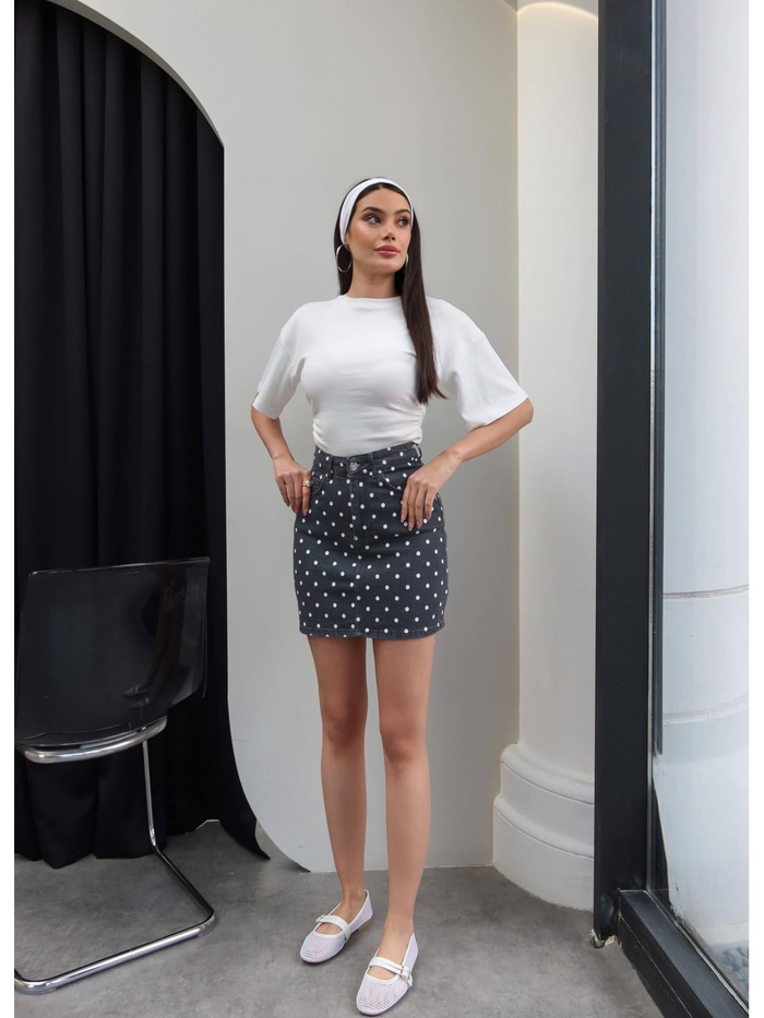 Puantiyeli Denim Mini Etek
