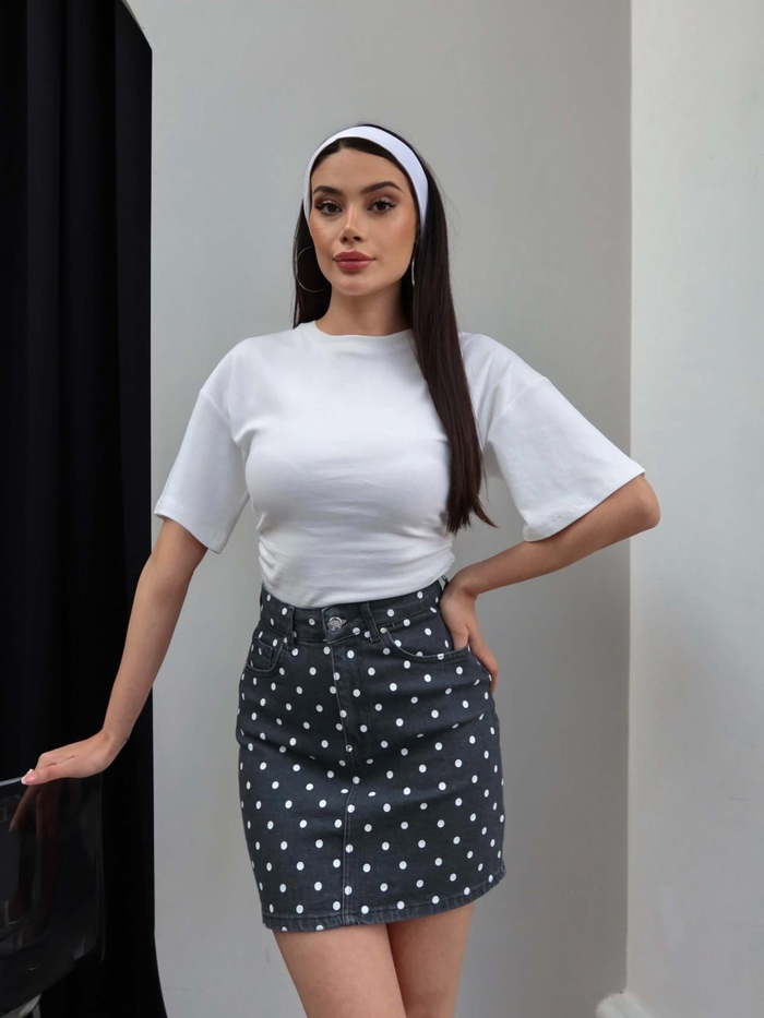 Puantiyeli Denim Mini Etek