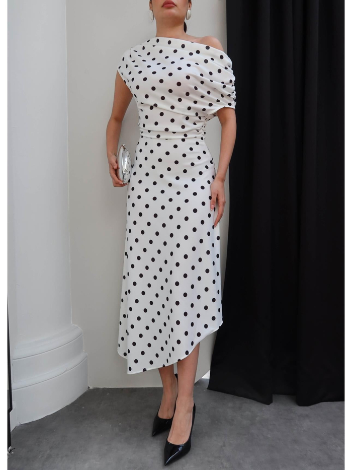 Puantiyeli Drapeli Degaje Yaka Asimetrik Elbise