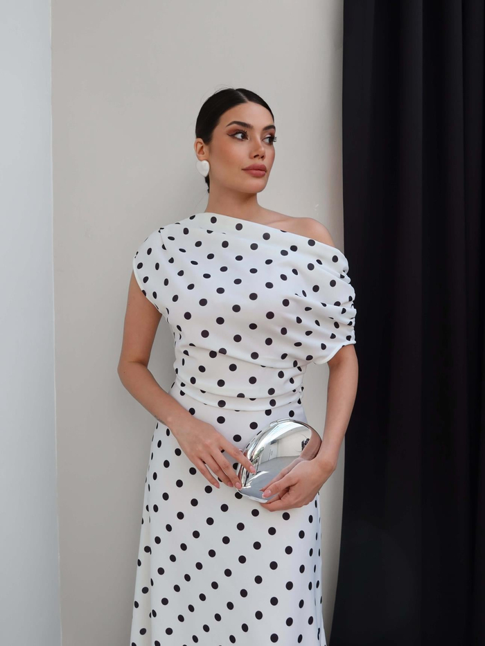 Puantiyeli Drapeli Degaje Yaka Asimetrik Elbise