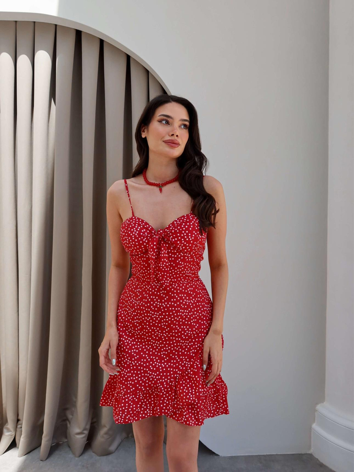 Puantiyeli Göğüs Bağlı Mini Elbise