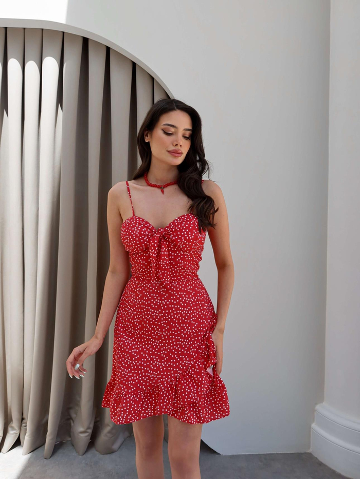 Puantiyeli Göğüs Bağlı Mini Elbise