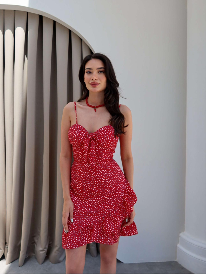 Puantiyeli Göğüs Bağlı Mini Elbise