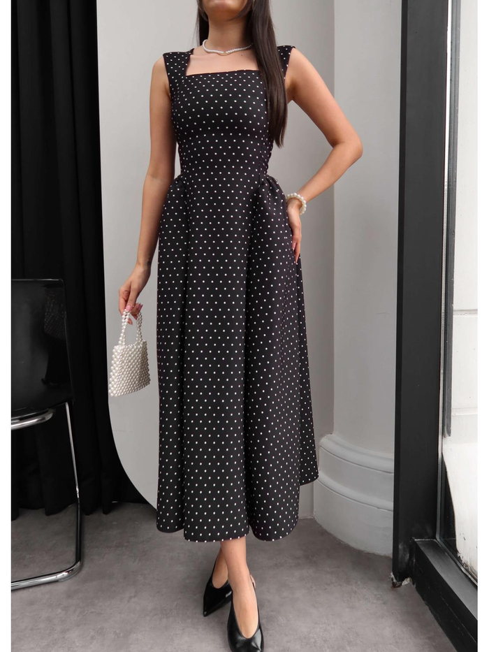 Puantiyeli Kalın Askılı Midi Elbise