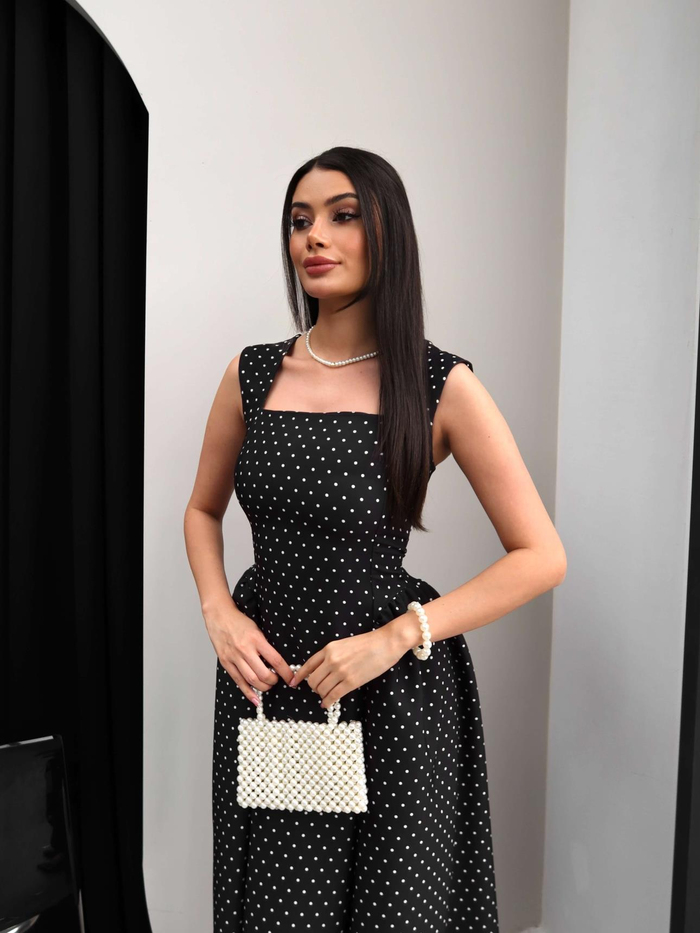 Puantiyeli Kalın Askılı Midi Elbise