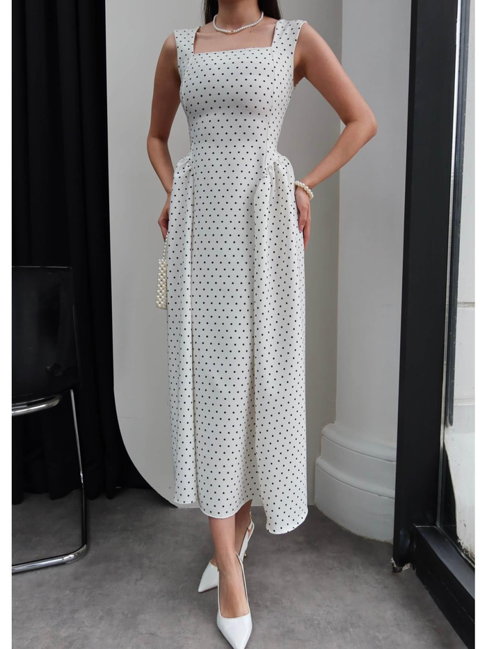 Puantiyeli Kalın Askılı Midi Elbise