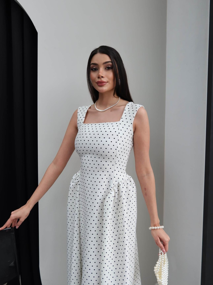 Puantiyeli Kalın Askılı Midi Elbise