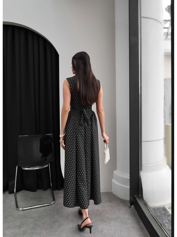 Puantiyeli Kalın Askılı Midi Elbise