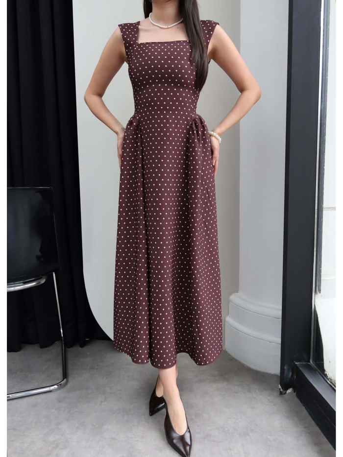 Puantiyeli Kalın Askılı Midi Elbise