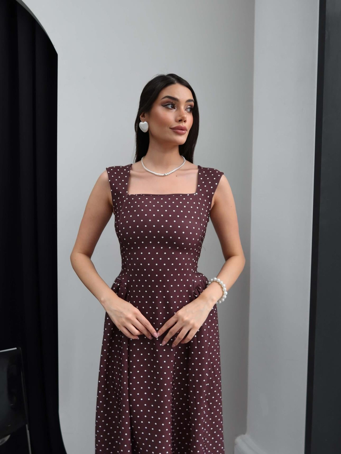 Puantiyeli Kalın Askılı Midi Elbise