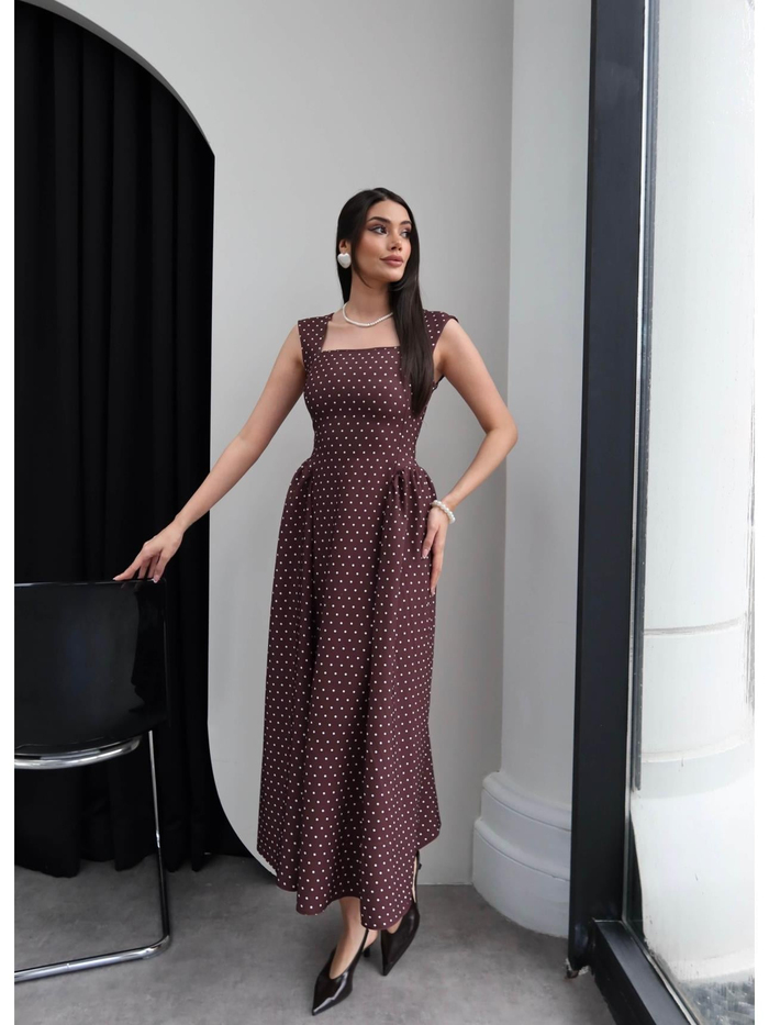 Puantiyeli Kalın Askılı Midi Elbise