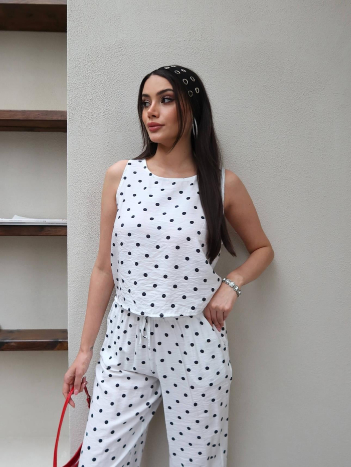 Puantiyeli Sıfır Kol Rahat Bluz Takım