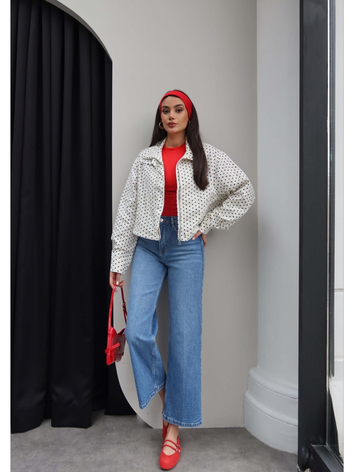 Puantiyeli Yan Cepli Denim Ceket