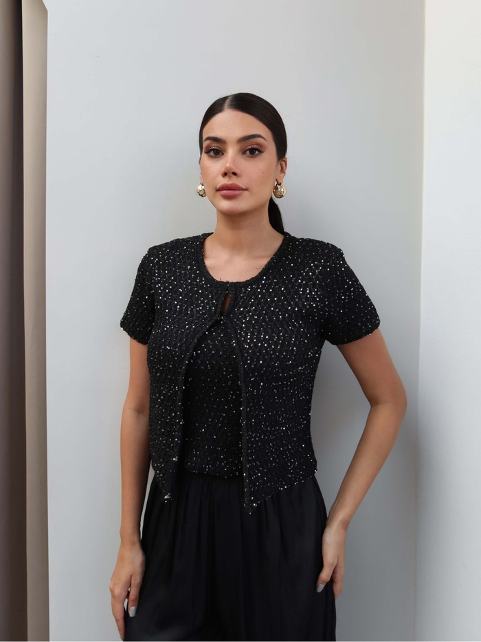 Pullu Triko Crop Hırka Takım