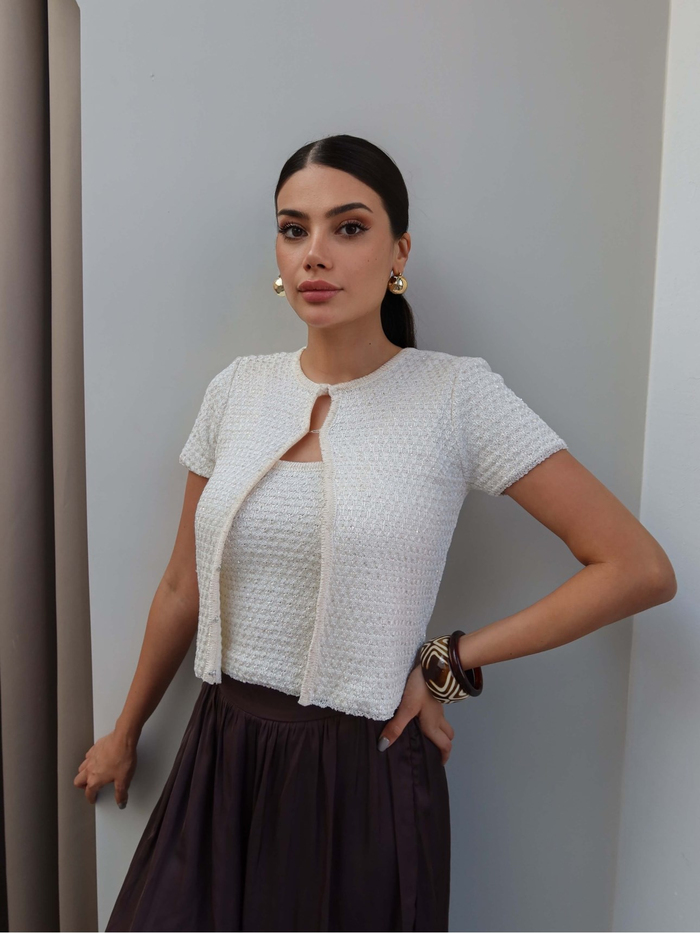 Pullu Triko Crop Hırka Takım