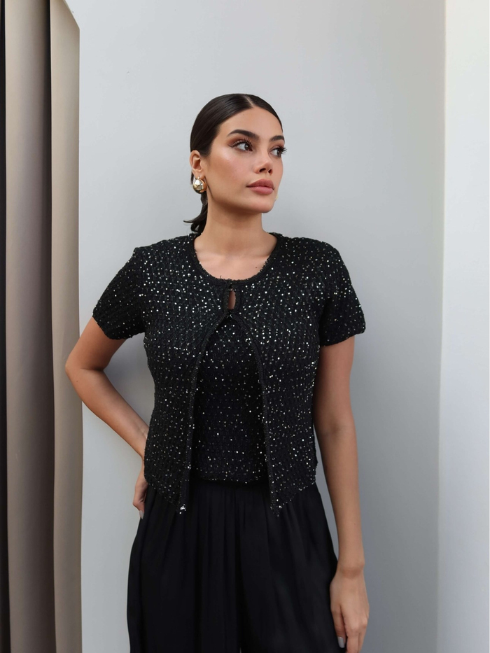 Pullu Triko Crop Hırka Takım