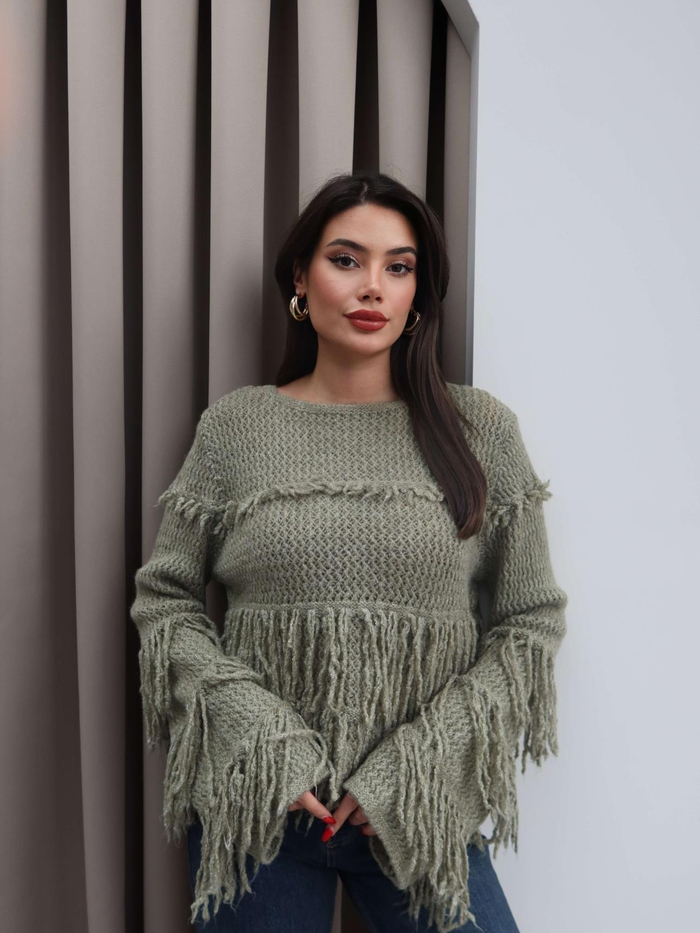 Saçaklı Salaş Örme Triko Kazak