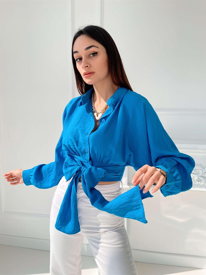 Saks Bel Bağlamalı Gömlek Bluz