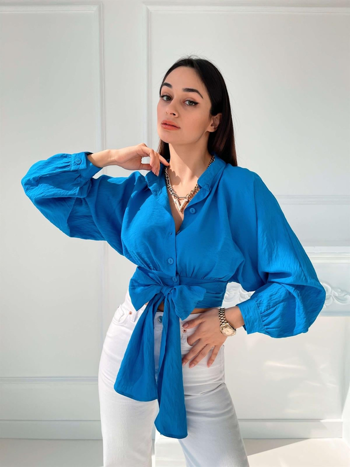 Saks Bel Bağlamalı Gömlek Bluz