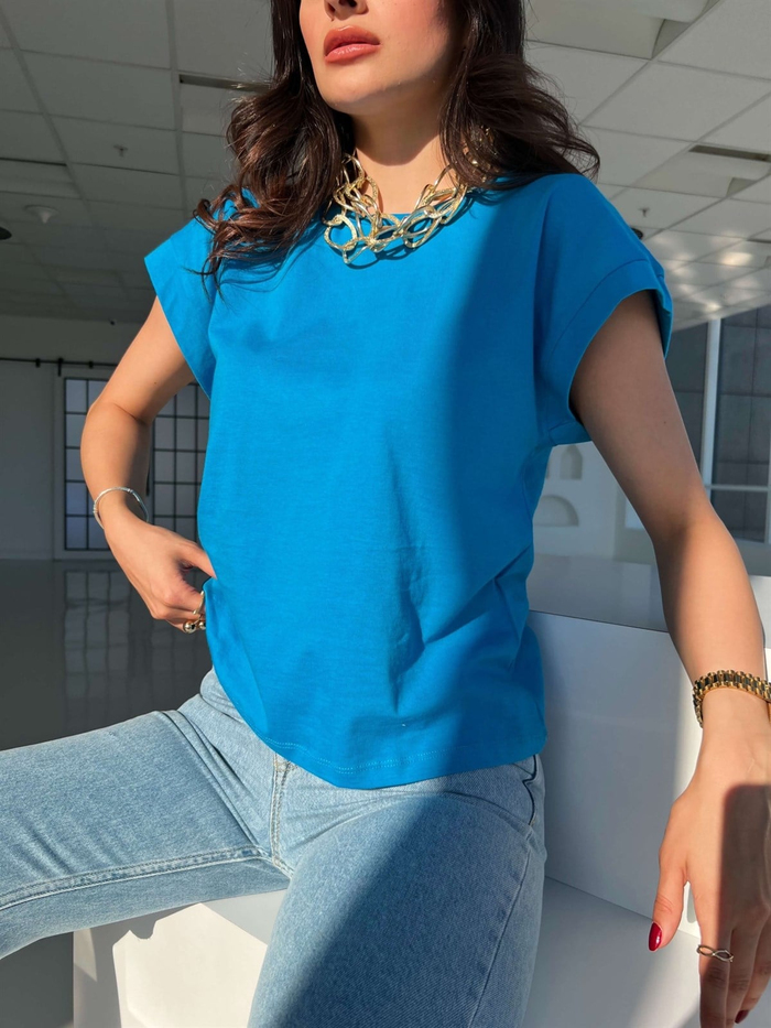 Saks Bisiklet Yaka Kısa Basic Tshirt