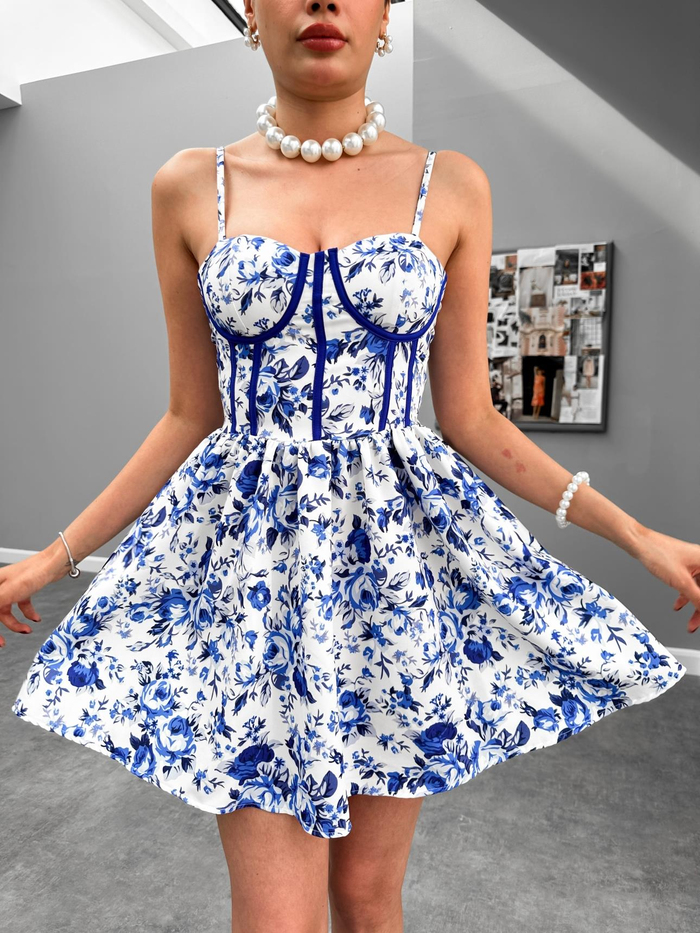 Saks Çiçekli Askılı Mini Elbise