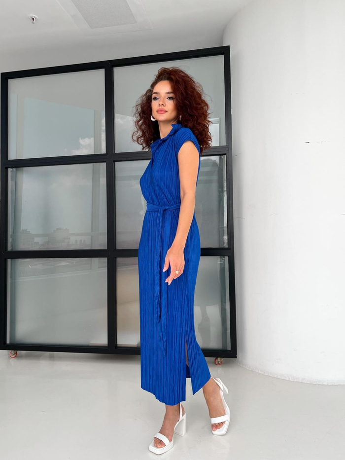 Saks Gömlek Yaka Kuşaklı Pilise Elbise
