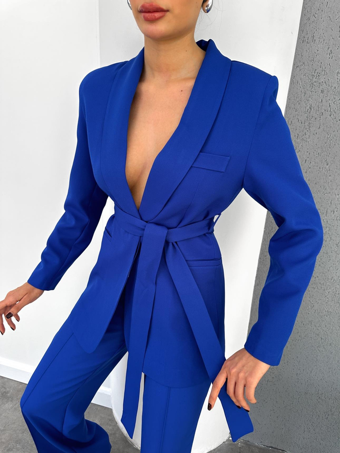 Saks Kuşaklı Ceket Pantolon Takım