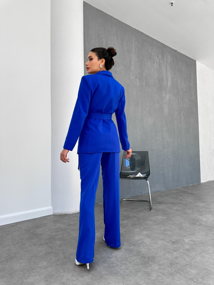 Saks Kuşaklı Ceket Pantolon Takım